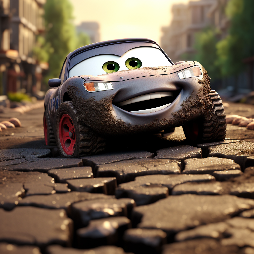 Pixar style car stuck in cracks