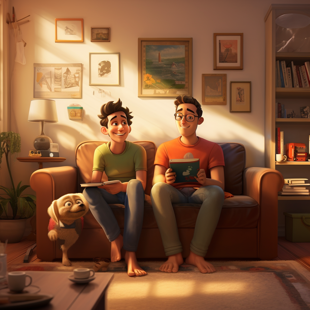 Pixar style students in apartment