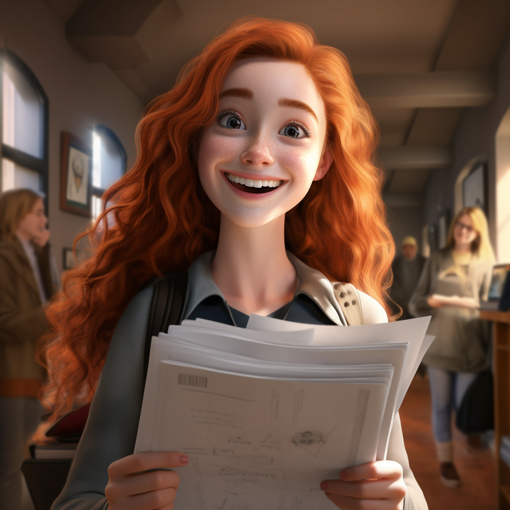 Pixar style student finishing exam