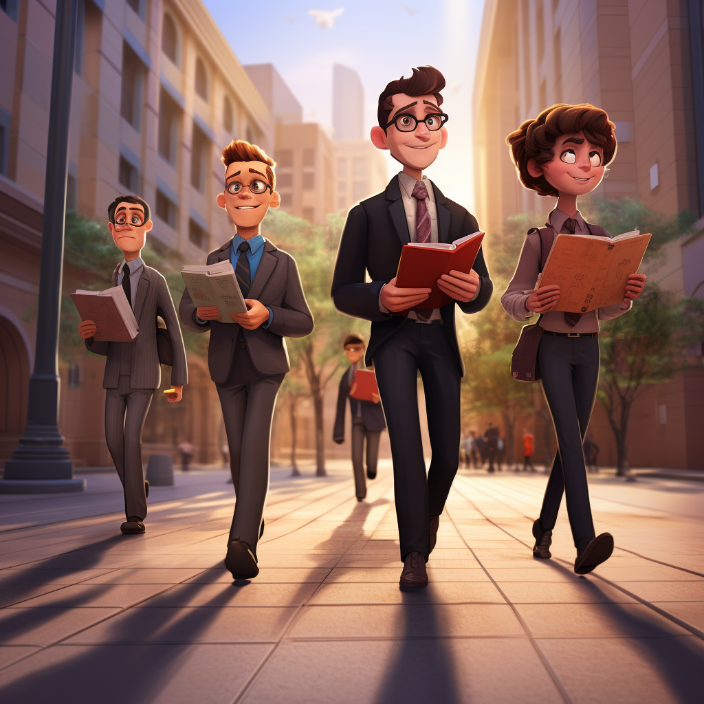 Pixar style law students walking