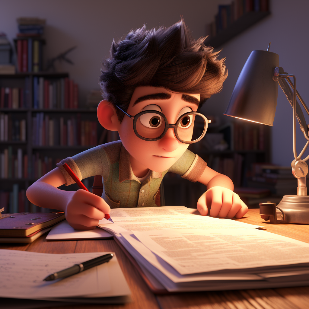 Pixar style student studying