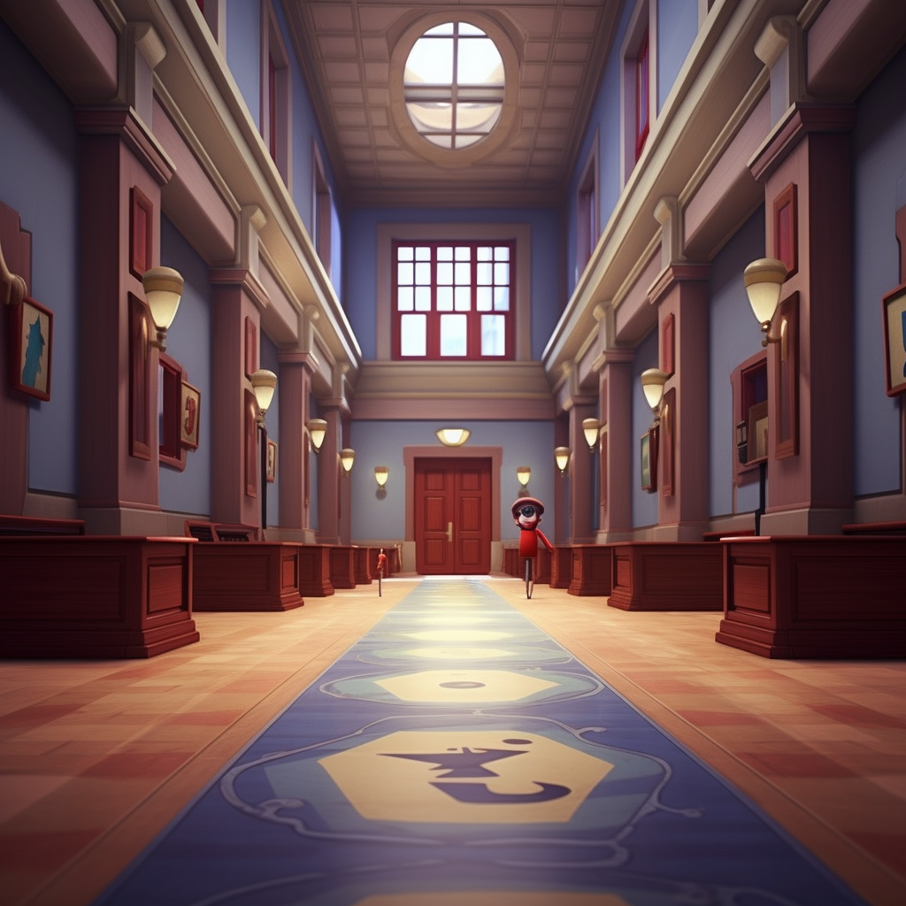 Pixar style law school hallway